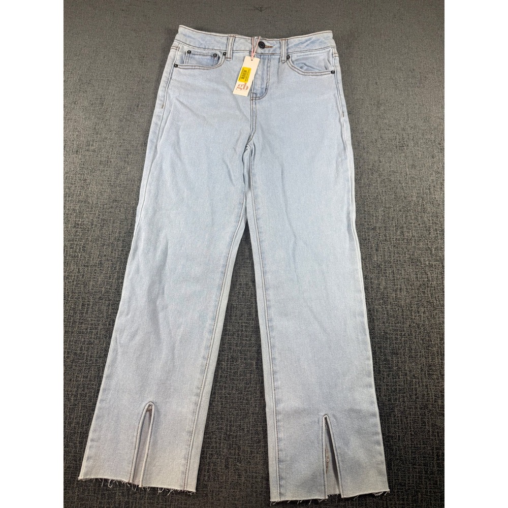 GB Girls Light Wash Straight Leg Jeans Front Slit Raw Hem Blue Size 12 NEW